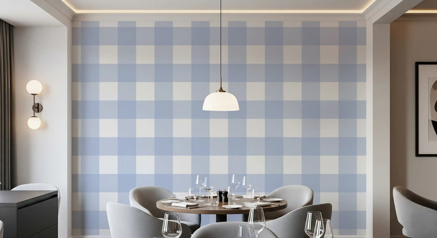 Dining room styled with calm blue and white checkered wallpaper.