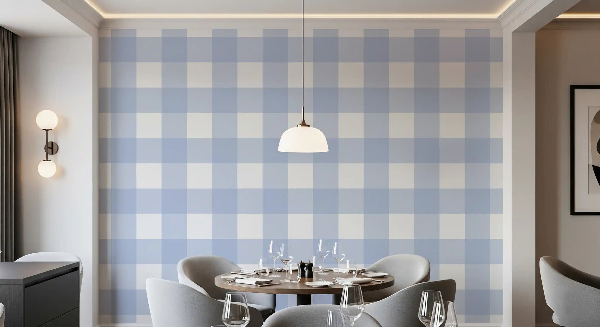 Dining room styled with calm blue and white checkered wallpaper.