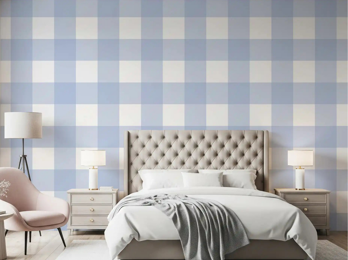 Blue checkered wallpaper styled on a bedroom accent wall., GD10075