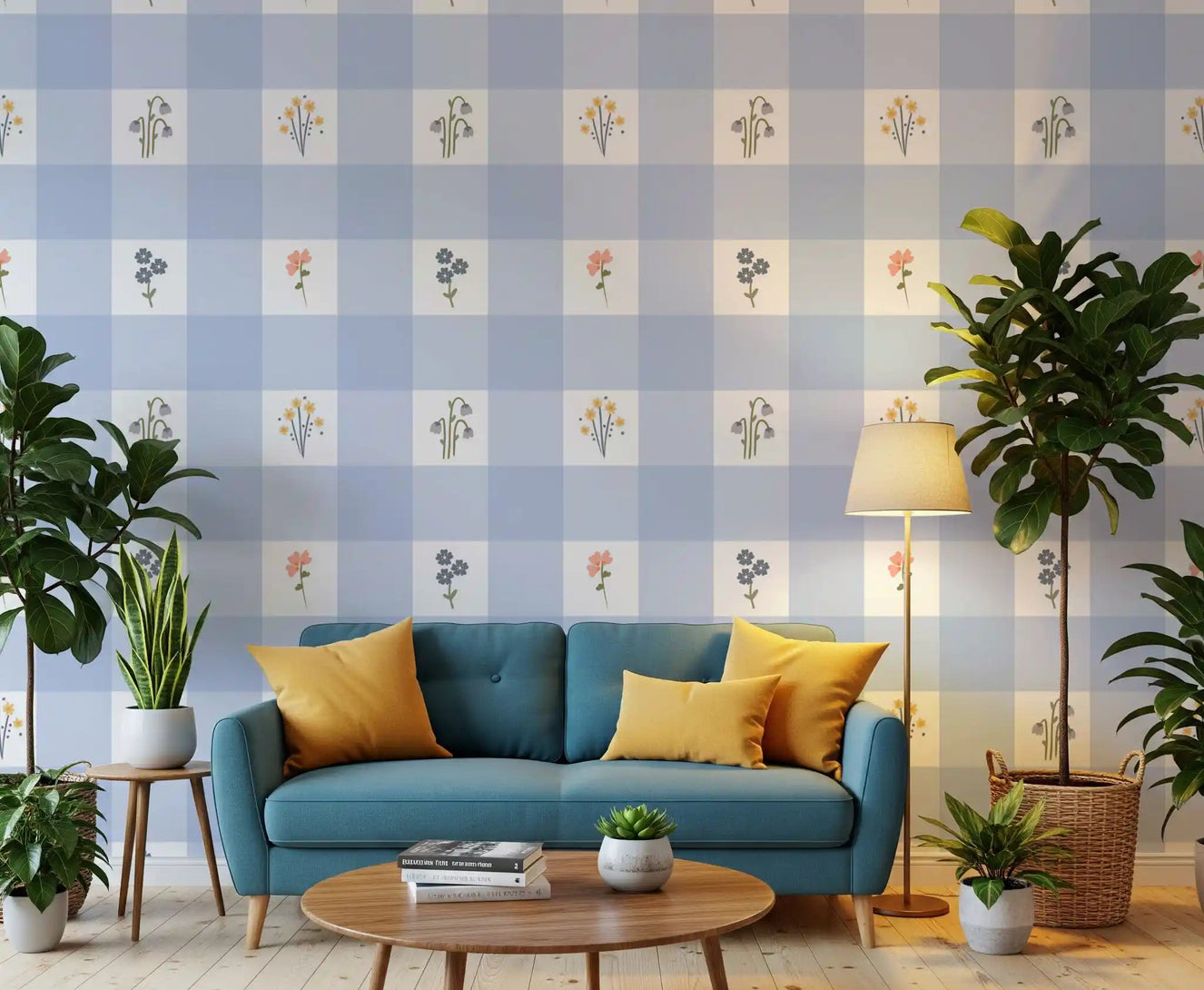 Pale blue gingham wallpaper with flower pattern in hallway backdrop.