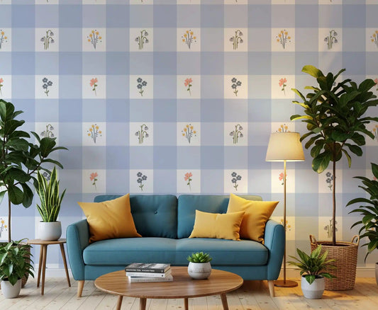 Pale blue gingham wallpaper with flower pattern in hallway backdrop.