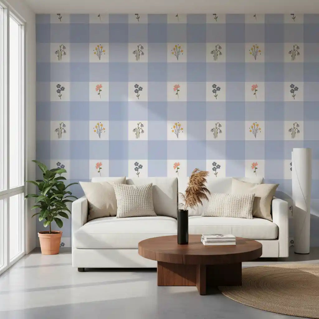 Pale blue gingham wallpaper showing white check squares and small floral sprigs.