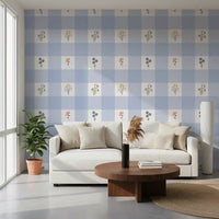 Pale blue gingham wallpaper showing white check squares and small floral sprigs.