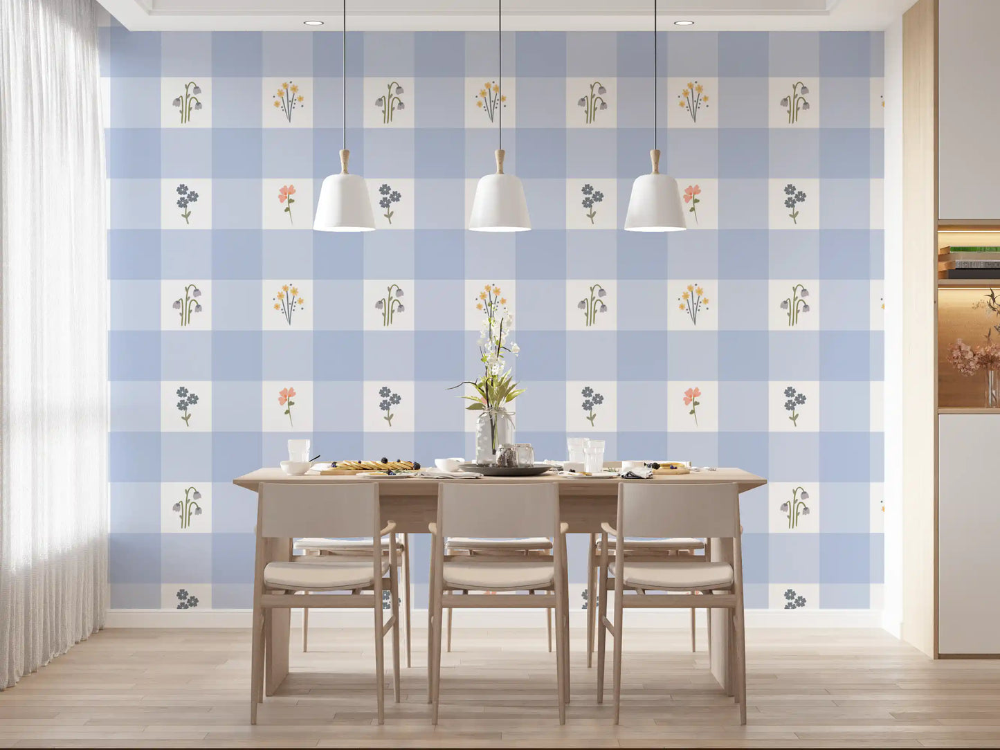Soft floral gingham wallpaper showing pale blue and white check squares with scattered wildflower sprigs.