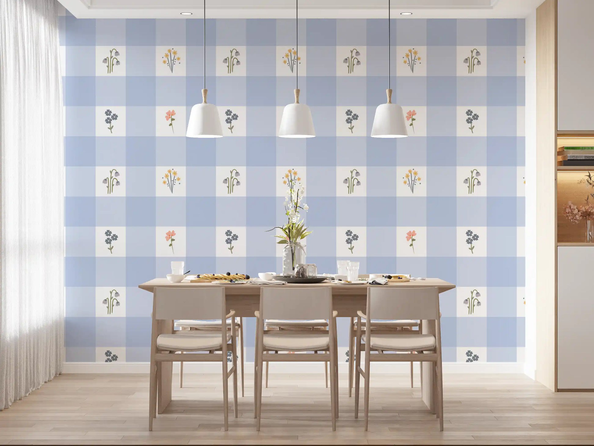 Soft floral gingham wallpaper showing pale blue and white check squares with scattered wildflower sprigs.