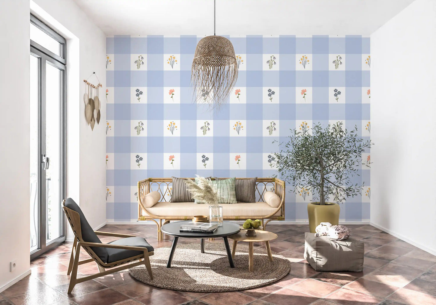 Soft floral gingham wallpaper covering a hallway interior.