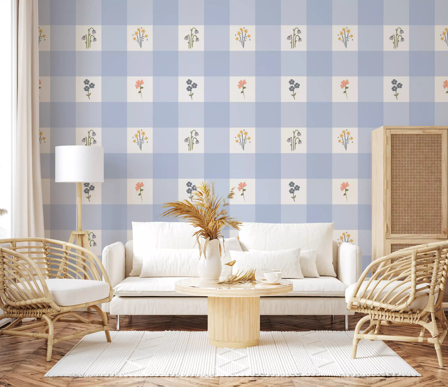 Soft floral gingham wallpaper used as a living room feature wall.