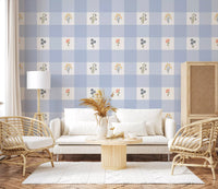 Soft floral gingham wallpaper used as a living room feature wall.