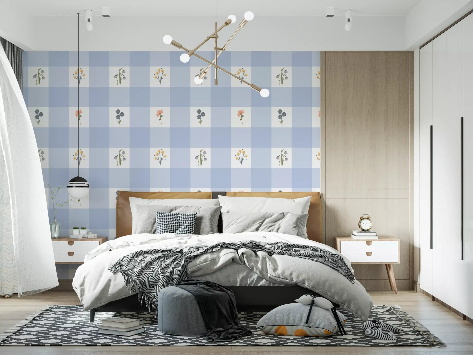Pastel check wallpaper with blue and white square pattern in bedroom.