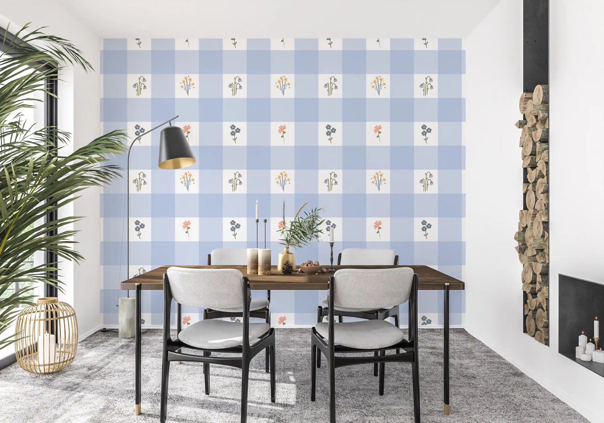Gingham wallpaper pattern with olive stems and bell-shaped lilac flower clusters.