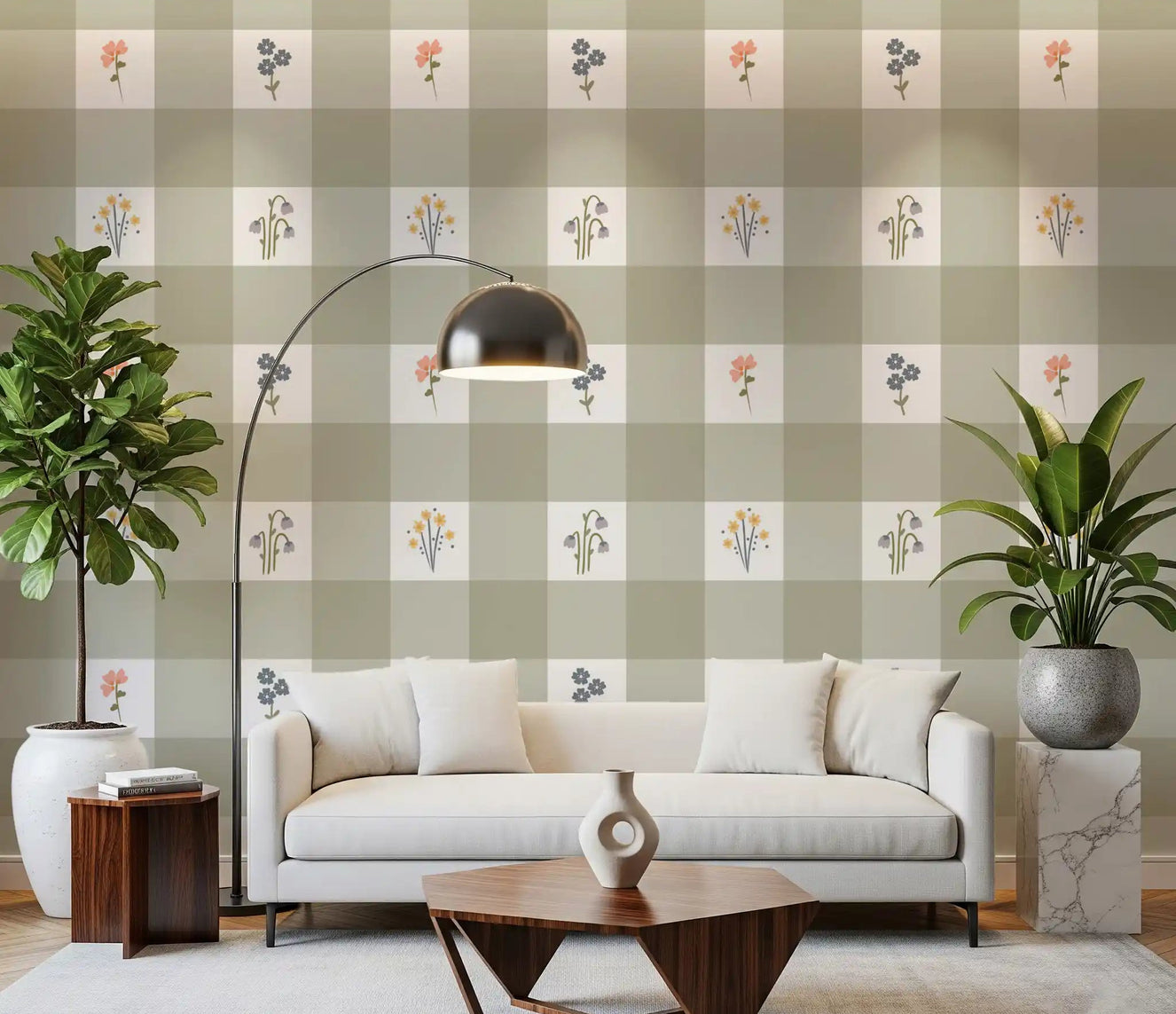 Living room accent wall with gingham floral wallpaper in sage green and white check pattern.