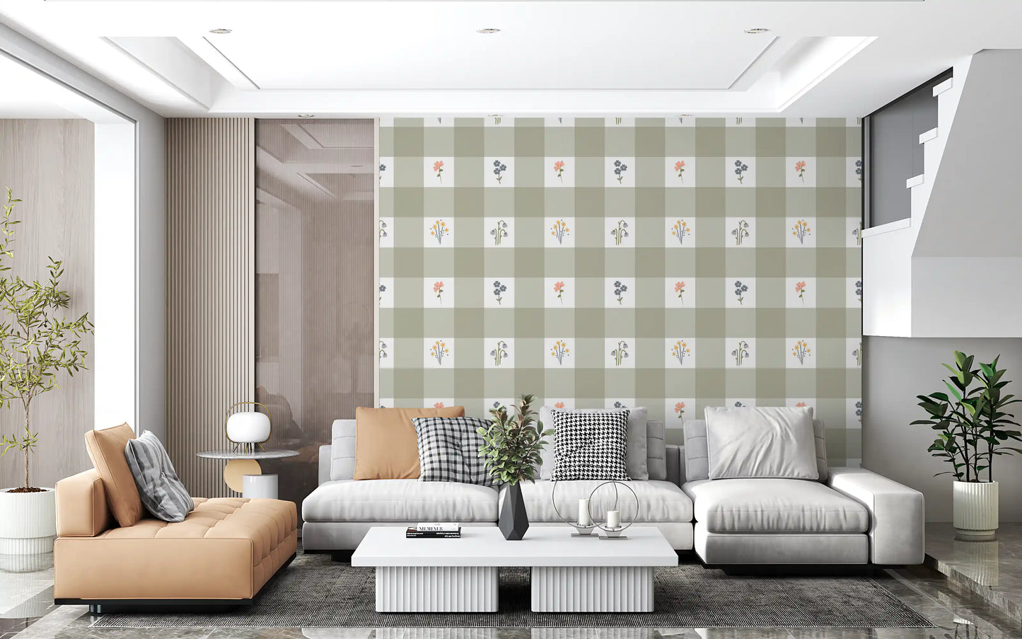 Repeat check pattern wallpaper in sage and white with floral illustrations in white grid blocks.