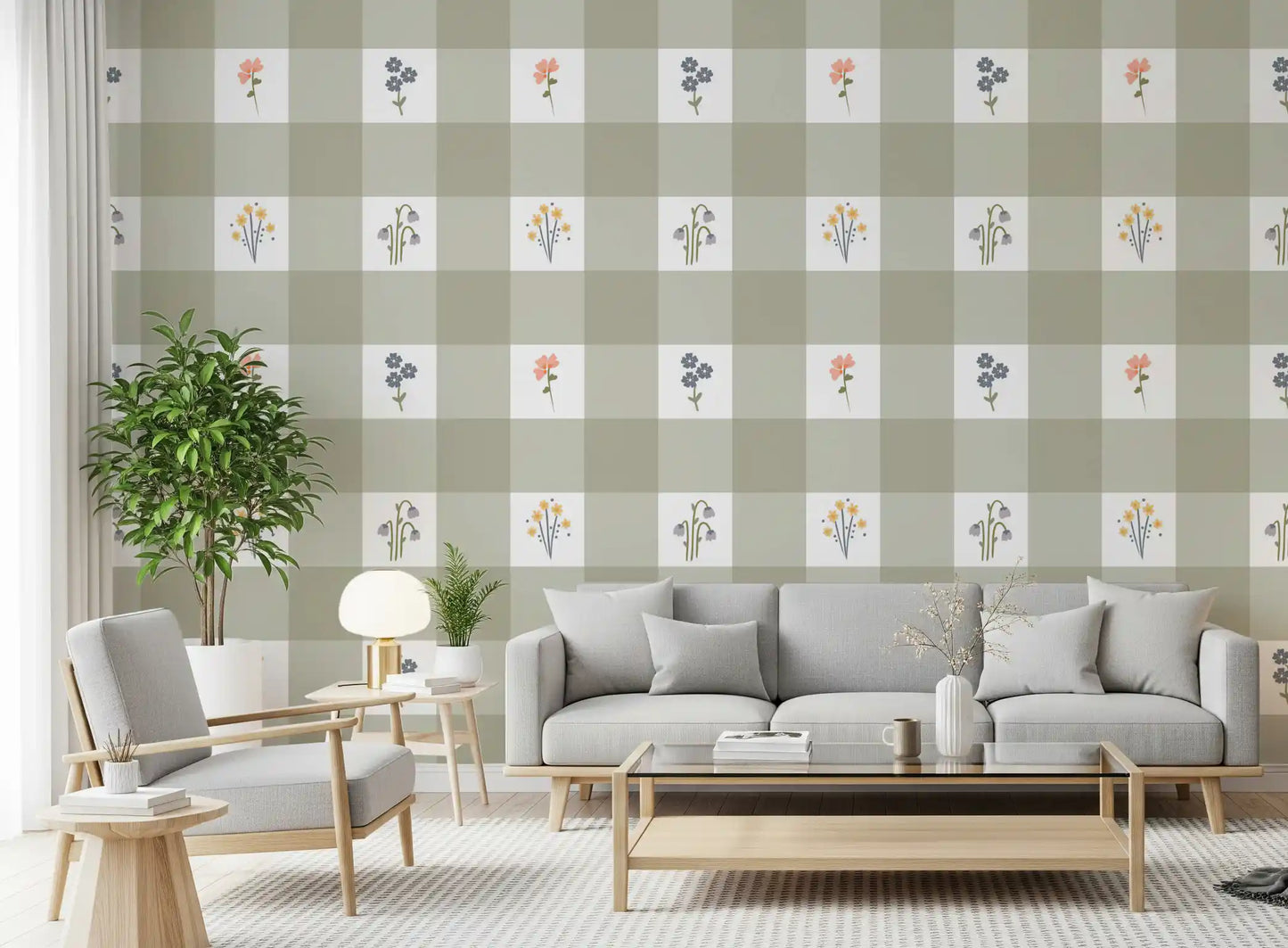 Hallway wall with soft sage gingham floral wallpaper and scattered wildflower motifs.