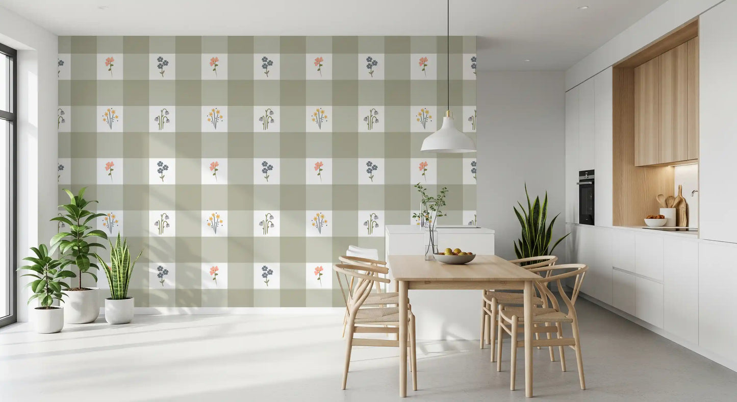 Floral gingham repeat wallpaper in muted sage white coral and dusty blue colour tones.