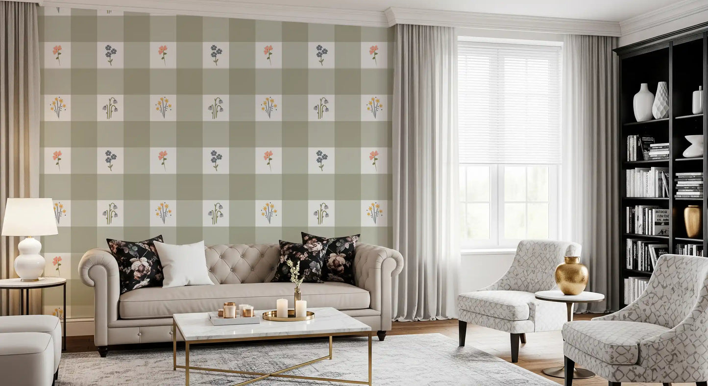 Sage green and white gingham check wallpaper with scattered floral motifs in coral blue yellow and lavender.