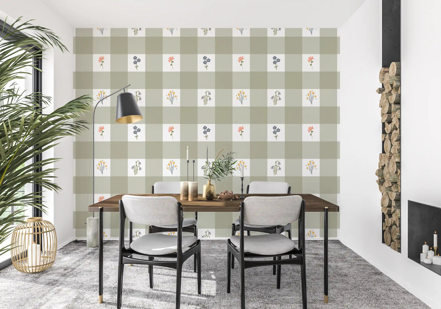 Dining room wall with sage gingham floral repeat wallpaper in white and green check.