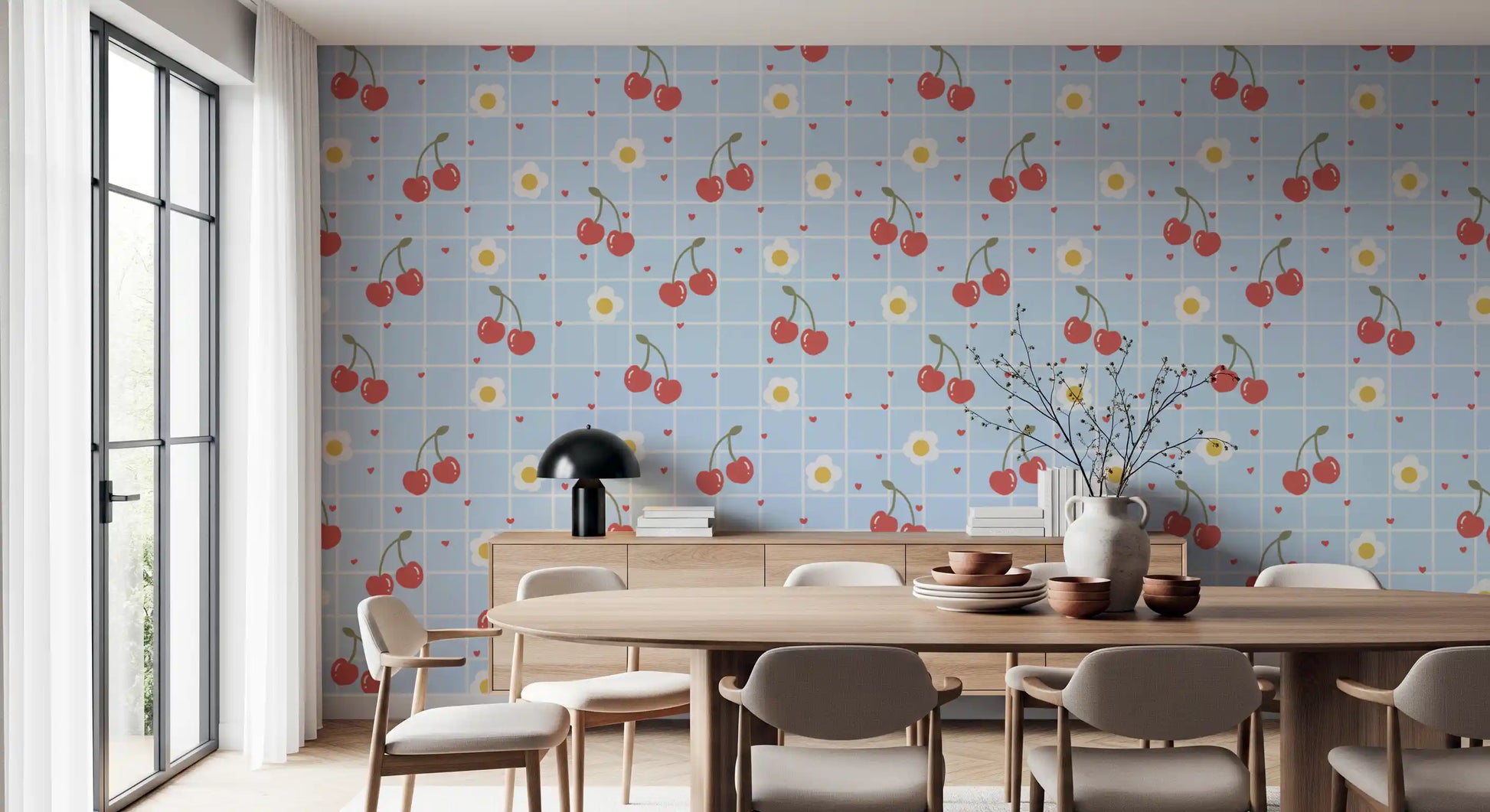 Dining room wall with Sweet Cherry Gingham Wallpaper in blue, red, and white tones.