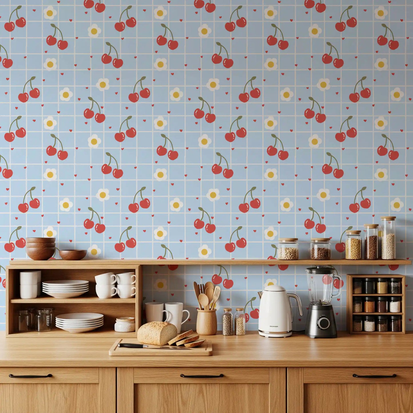 Illustrated cherry and heart repeat wallpaper with powder blue gingham background.