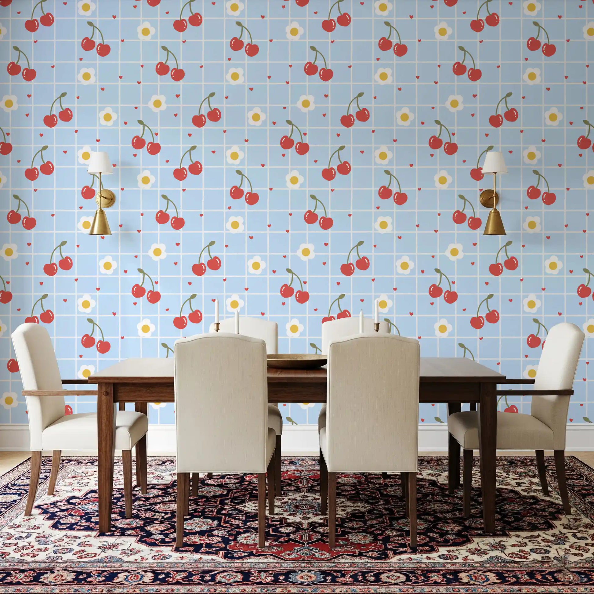 Sweet Cherry Gingham Wallpaper repeat showing cherries, daisies, and hearts on blue grid.