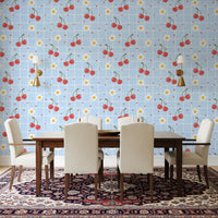 Sweet Cherry Gingham Wallpaper repeat showing cherries, daisies, and hearts on blue grid.