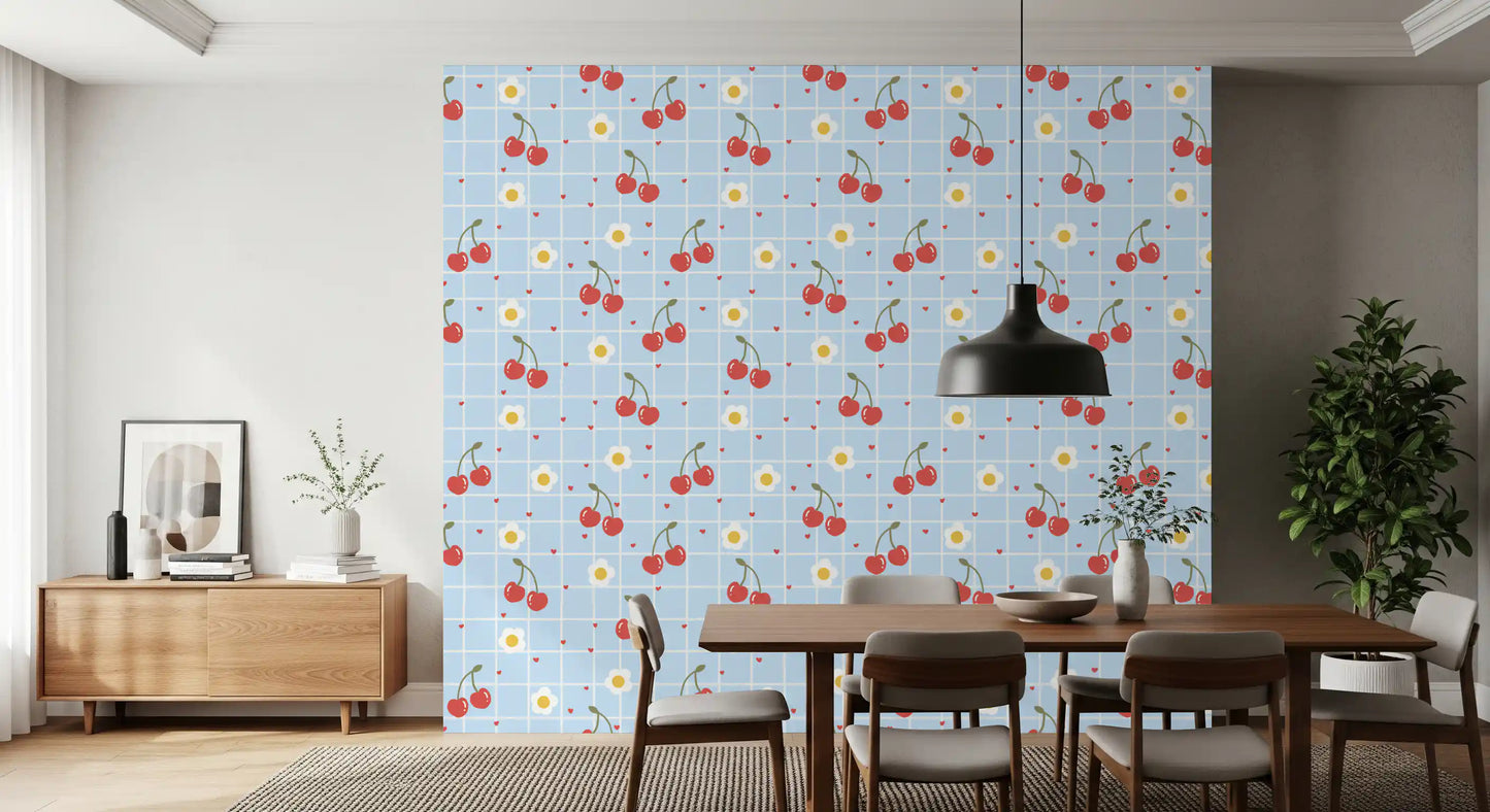 Dining room accent wall featuring blue gingham cherry and daisy repeat wallpaper.