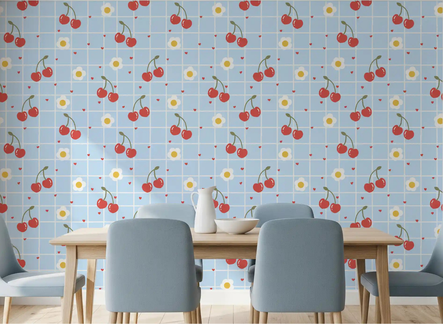 Sweet Cherry Gingham Wallpaper with red cherries and white daisies in dining room.