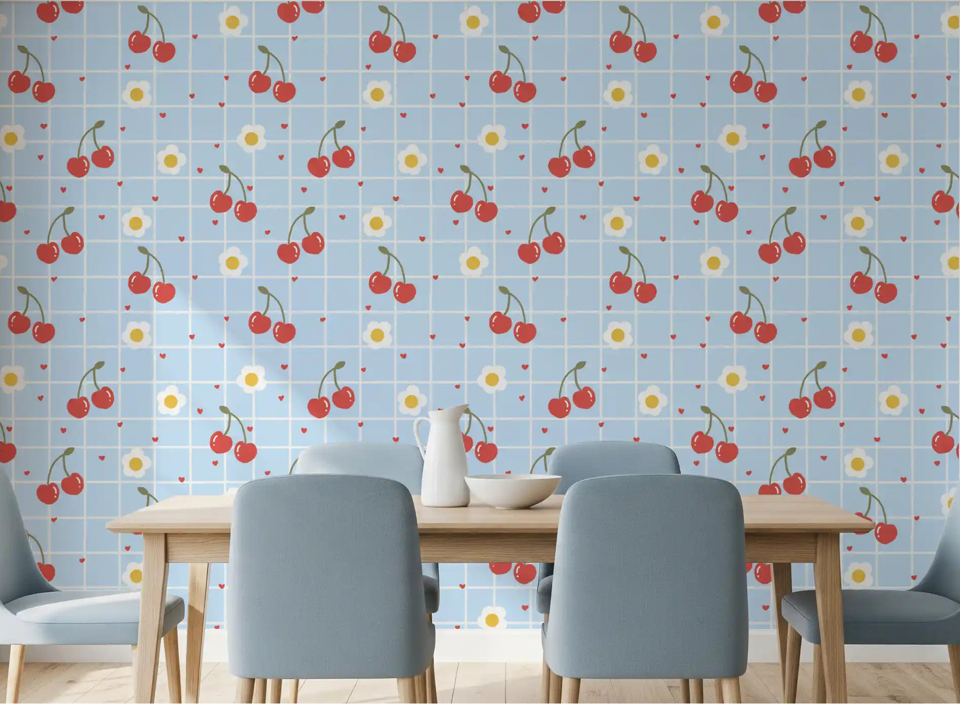 Sweet Cherry Gingham Wallpaper with red cherries and white daisies in dining room., GD10078