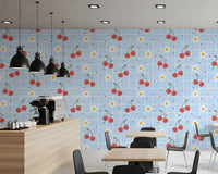 Kawaii cherry and daisy pattern wallpaper on pale blue gingham grid with small red hearts. 