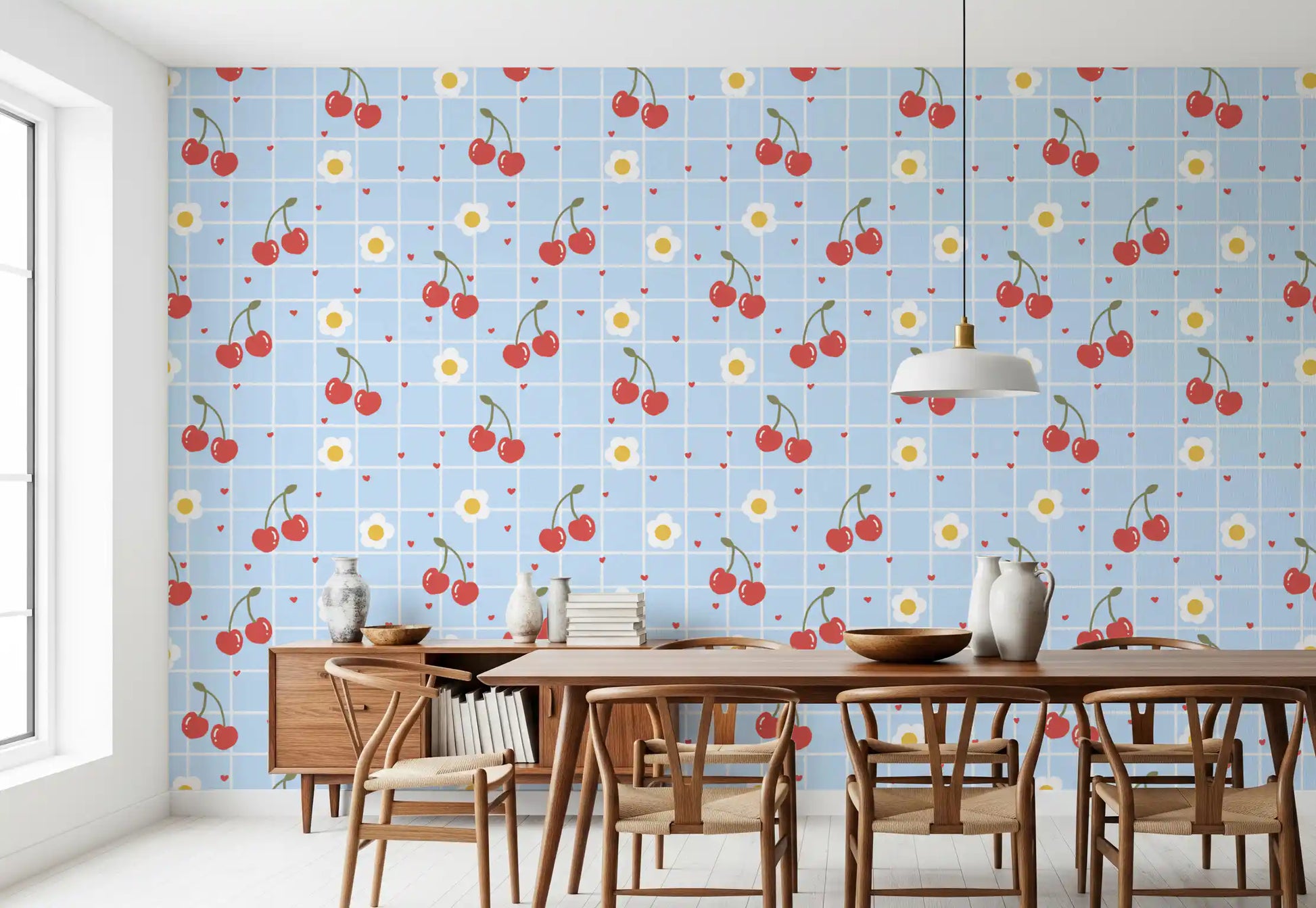 White daisy motifs with golden yellow centres on illustrated blue grid wallpaper.