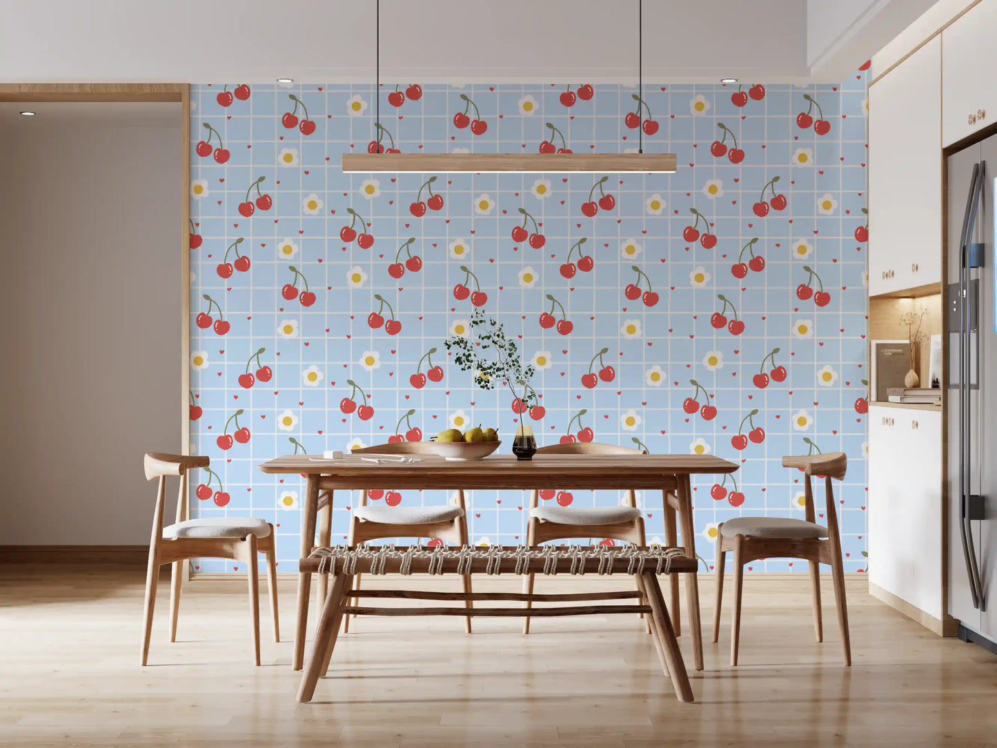 Red cherries with olive stems on soft blue gingham wallpaper pattern tile.