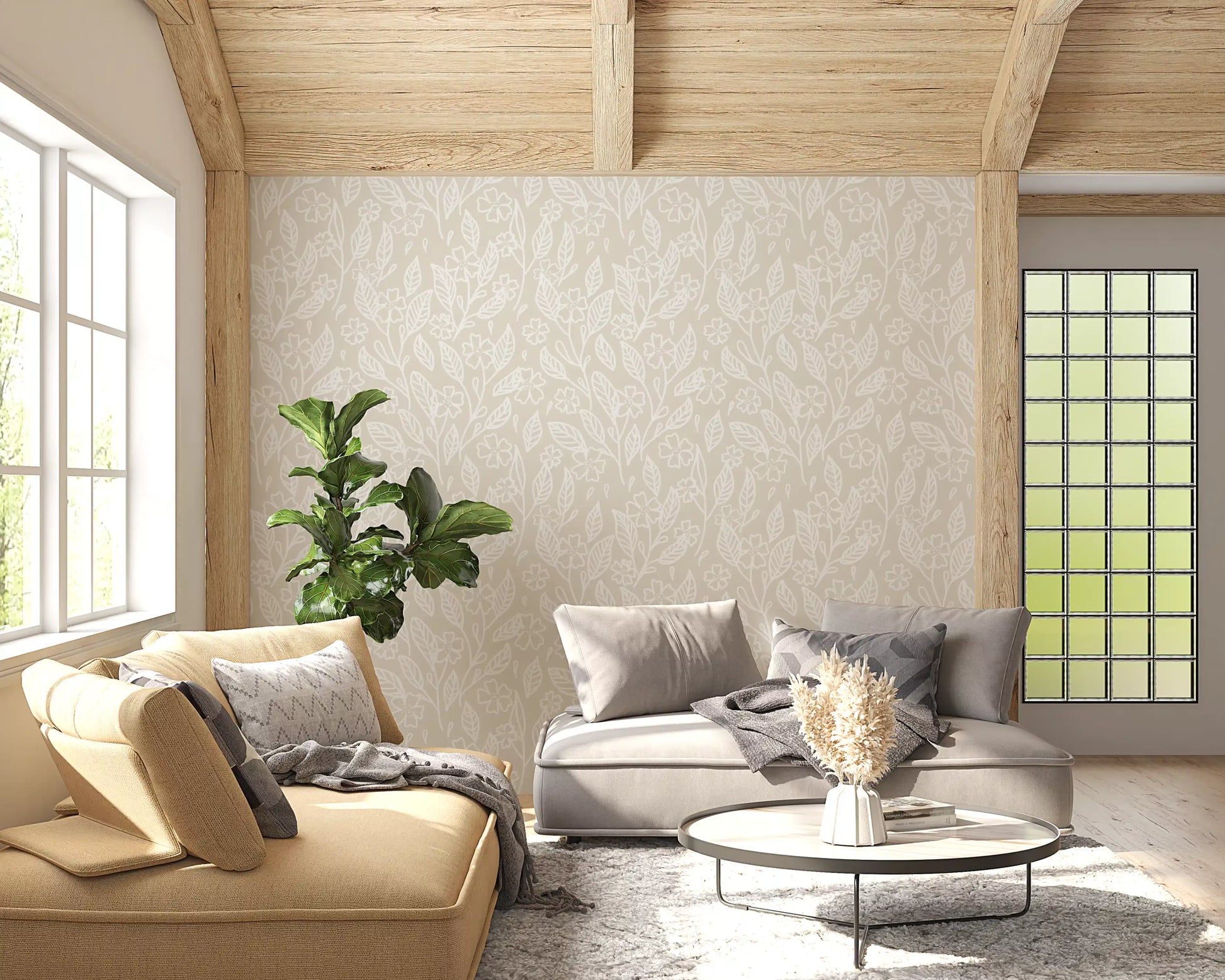 Beige floral wallpaper with delicate white stem and petal outlines.