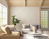 Beige floral wallpaper with delicate white stem and petal outlines.