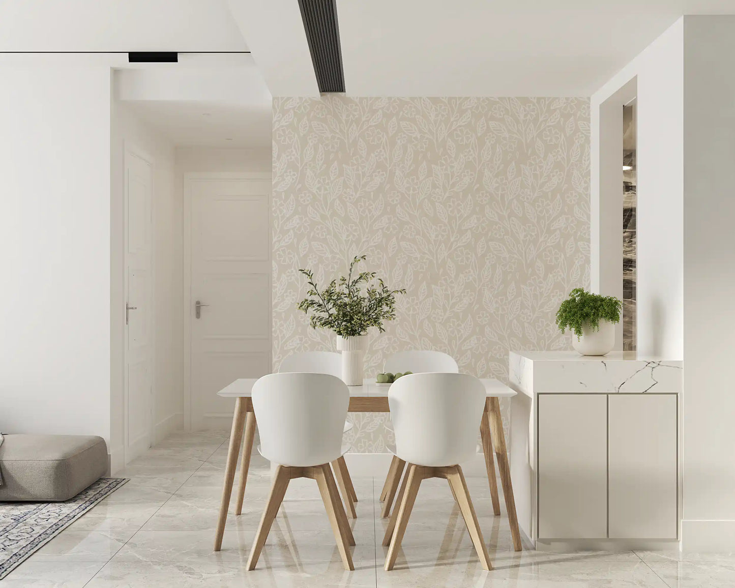 White floral and leaf linework on neutral beige patterned wallpaper.