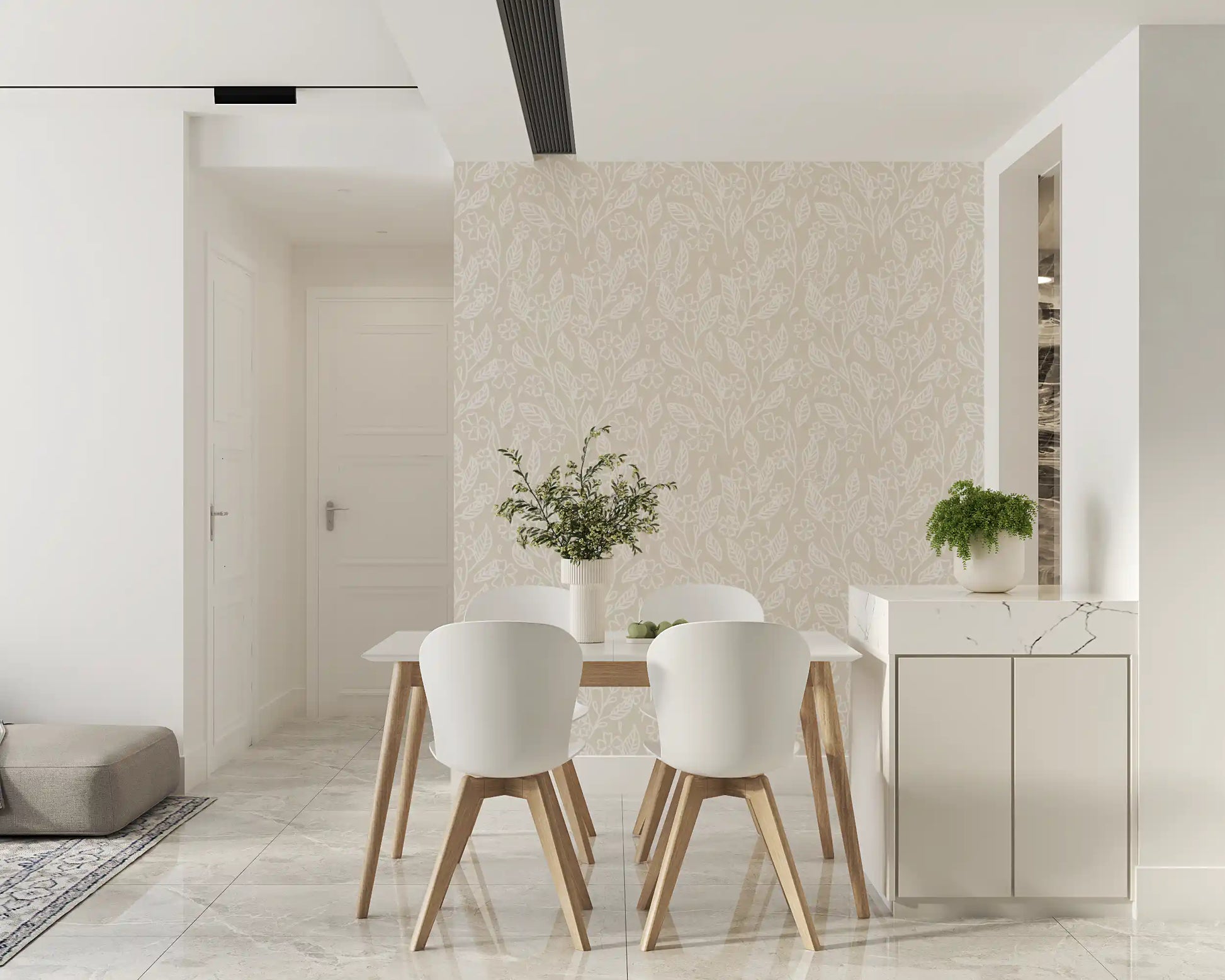 White floral and leaf linework on neutral beige patterned wallpaper.