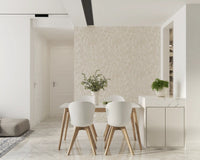 White floral and leaf linework on neutral beige patterned wallpaper.