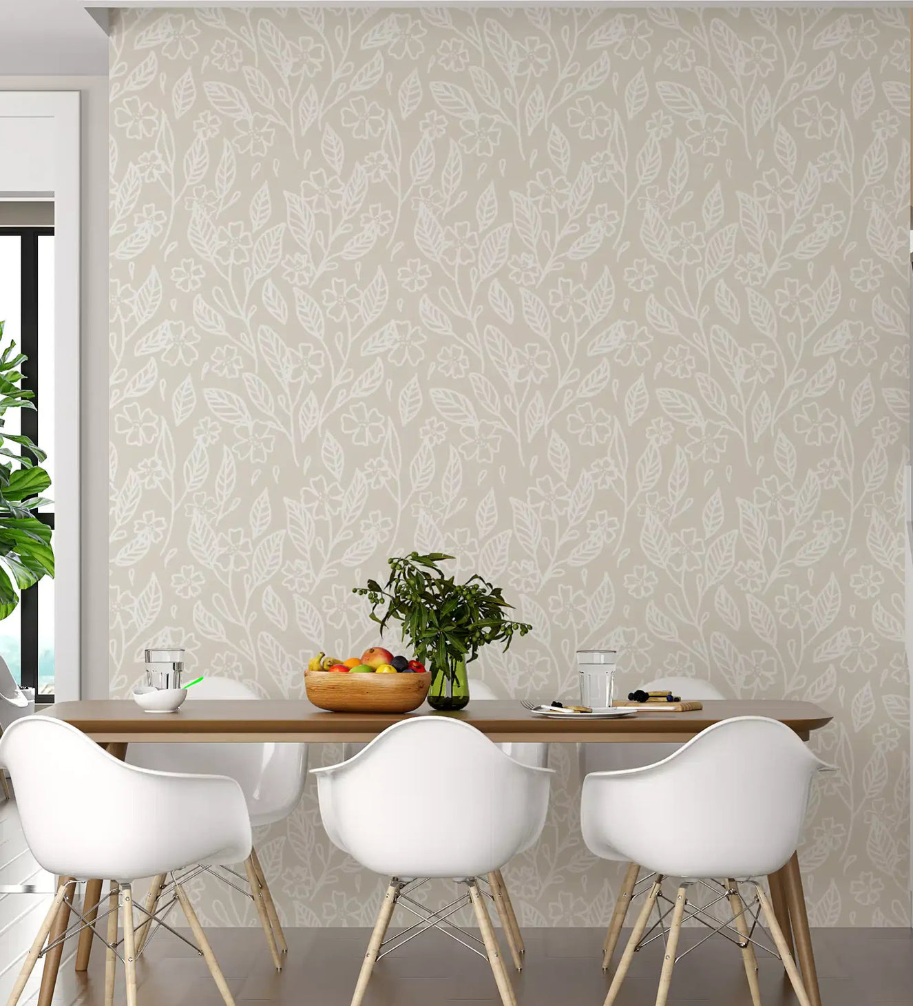 Neutral Floral Wallpaper with white outline flowers and leaves in dining area.