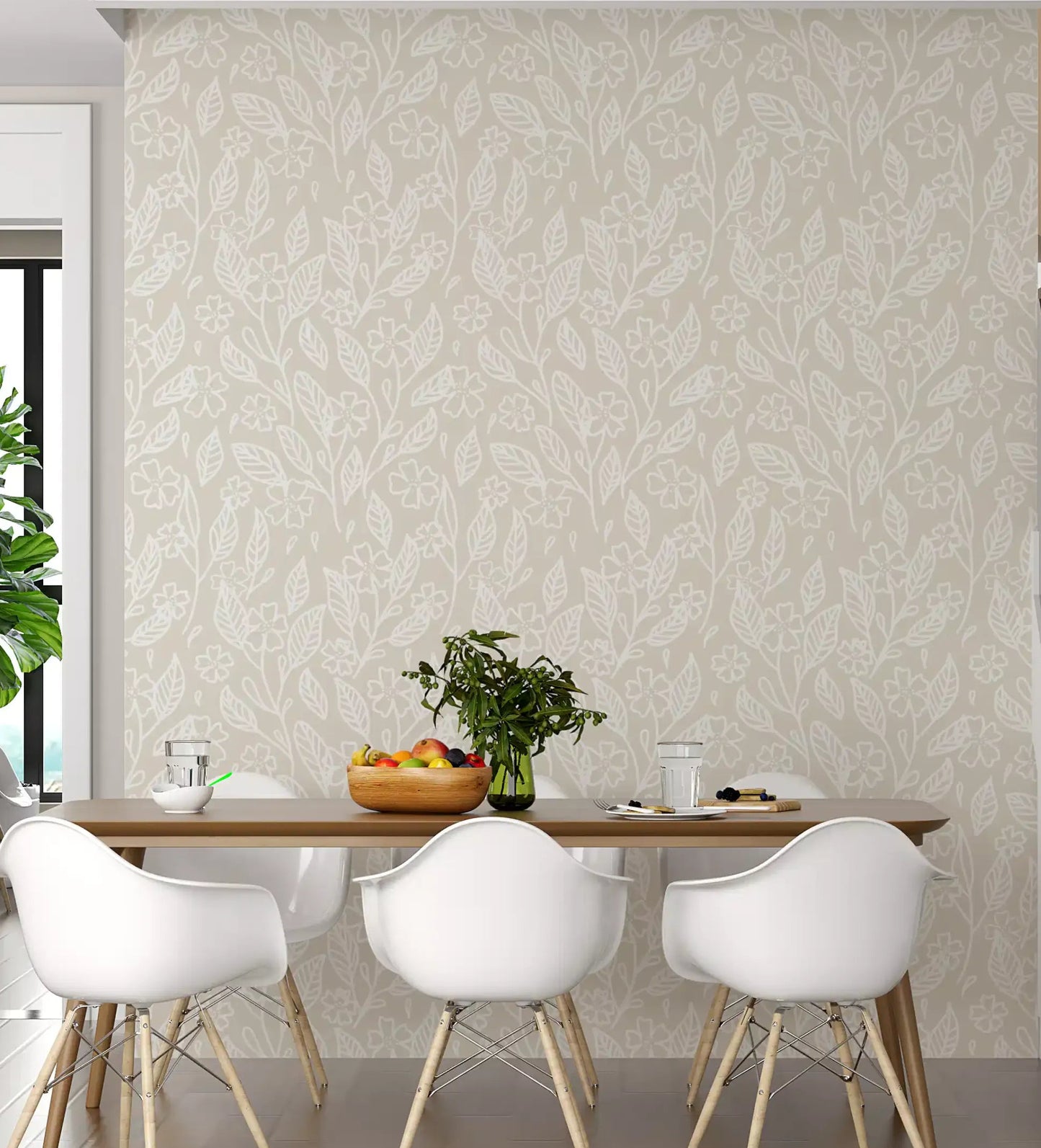 Neutral Floral Wallpaper with white outline flowers and leaves in dining area.