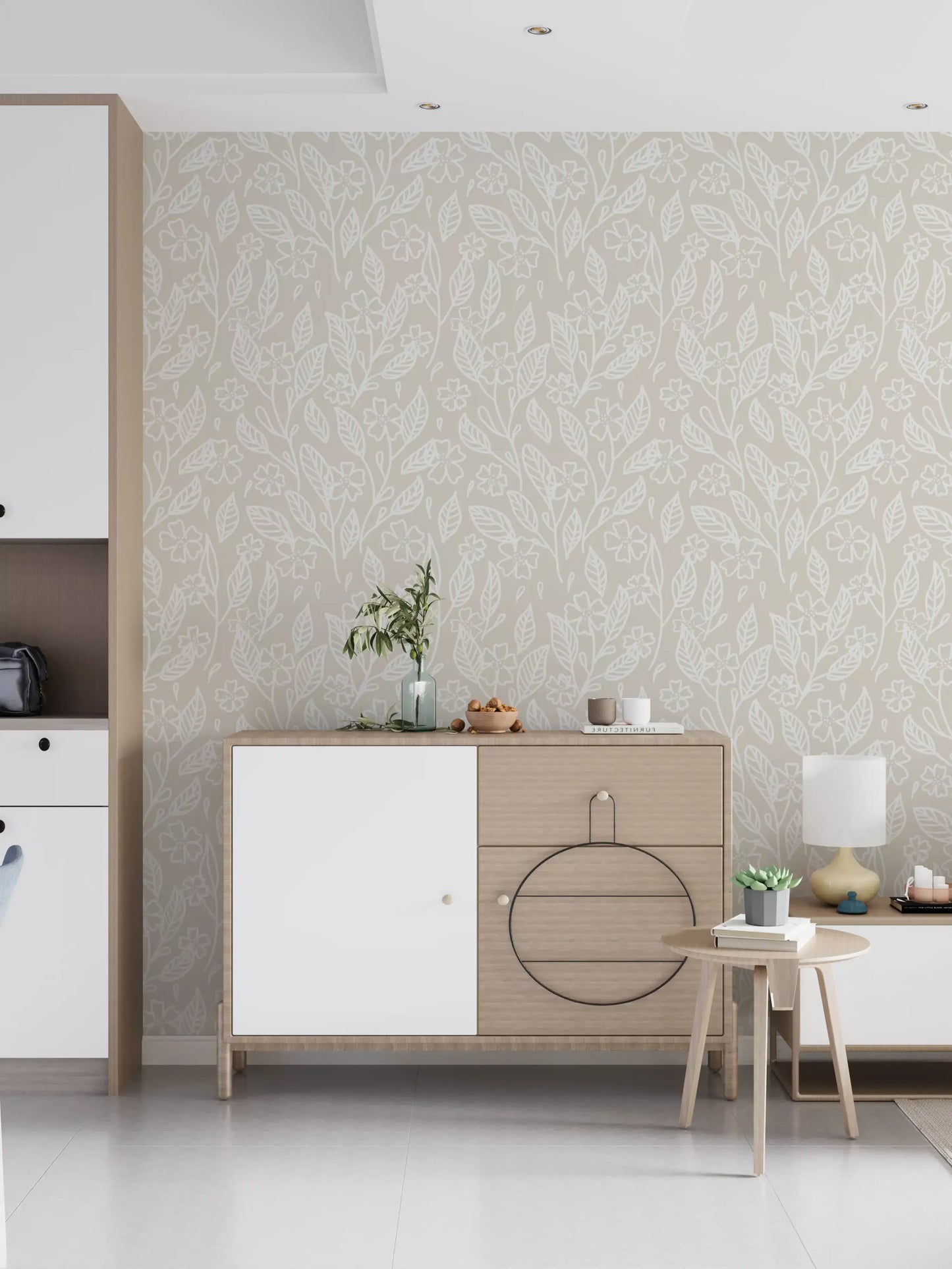 Continuous outline floral pattern in white on warm beige wallpaper. 