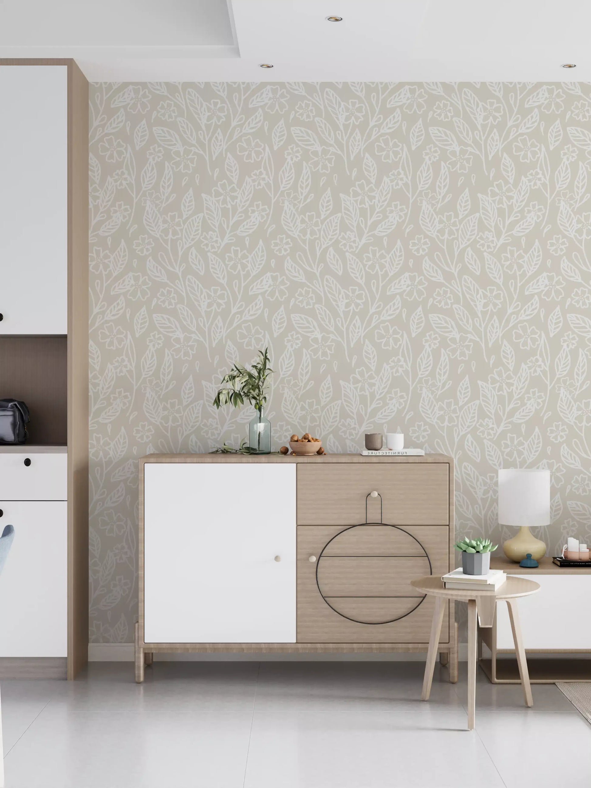 Continuous outline floral pattern in white on warm beige wallpaper. 