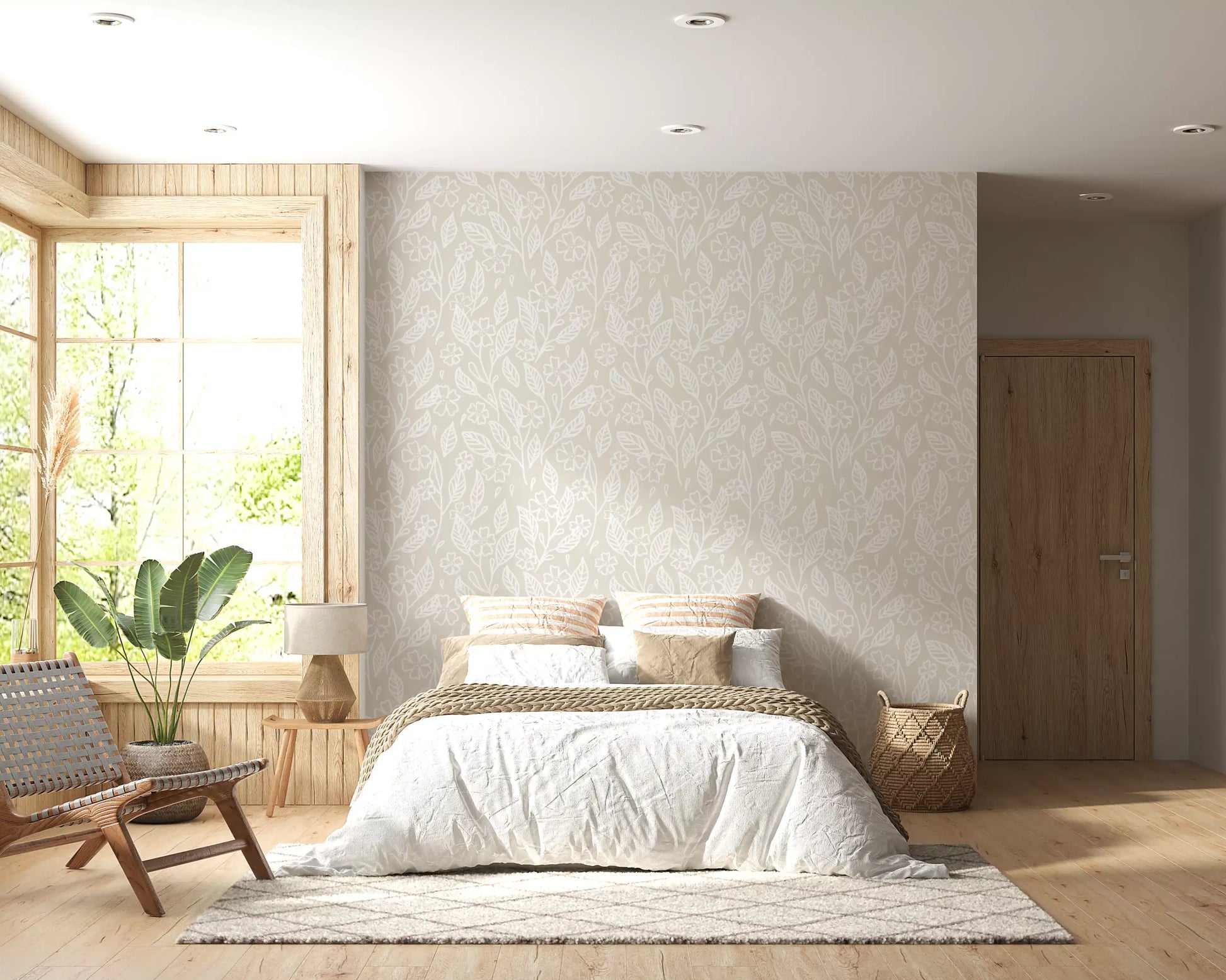Beige botanical wallpaper used as a  bedroom accent wall. 