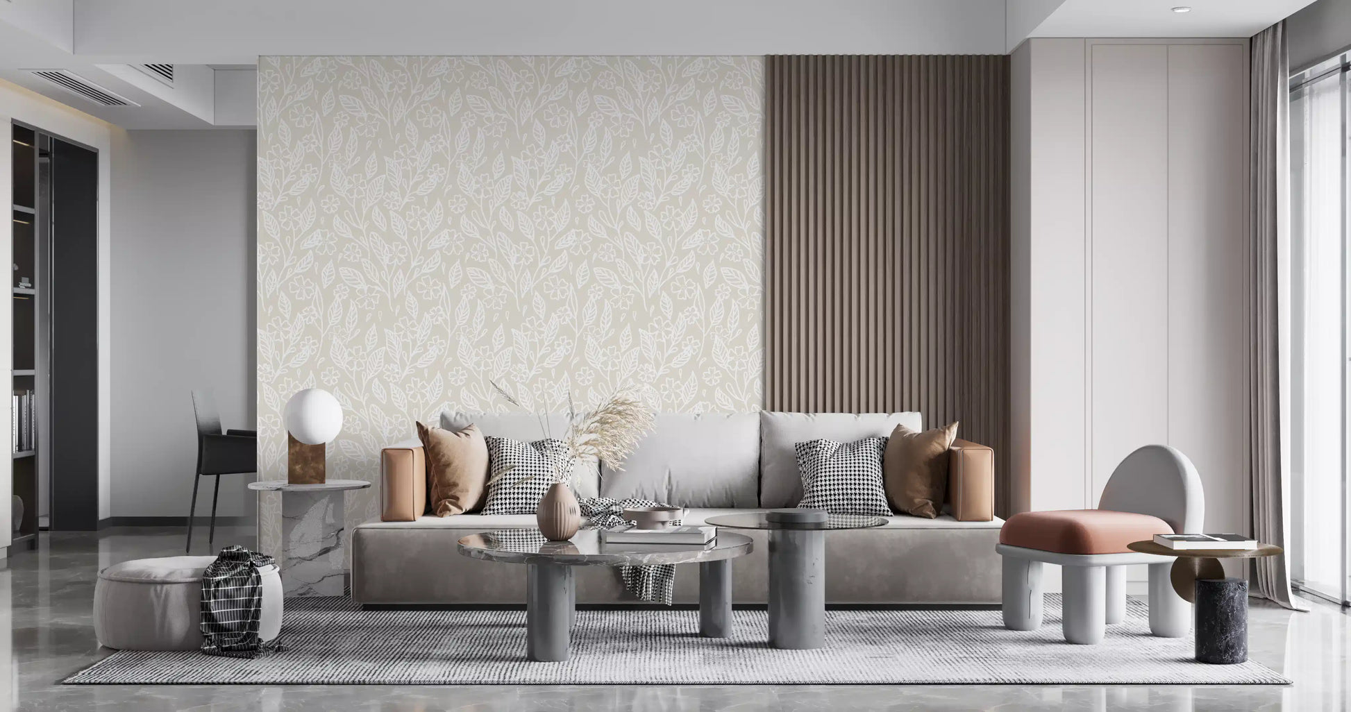 White line art botanical repeat pattern on sandy beige wallpaper for living room.