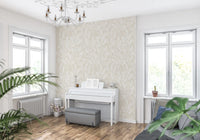 Open petal flower and leaf outline motifs on neutral beige wallpaper. 