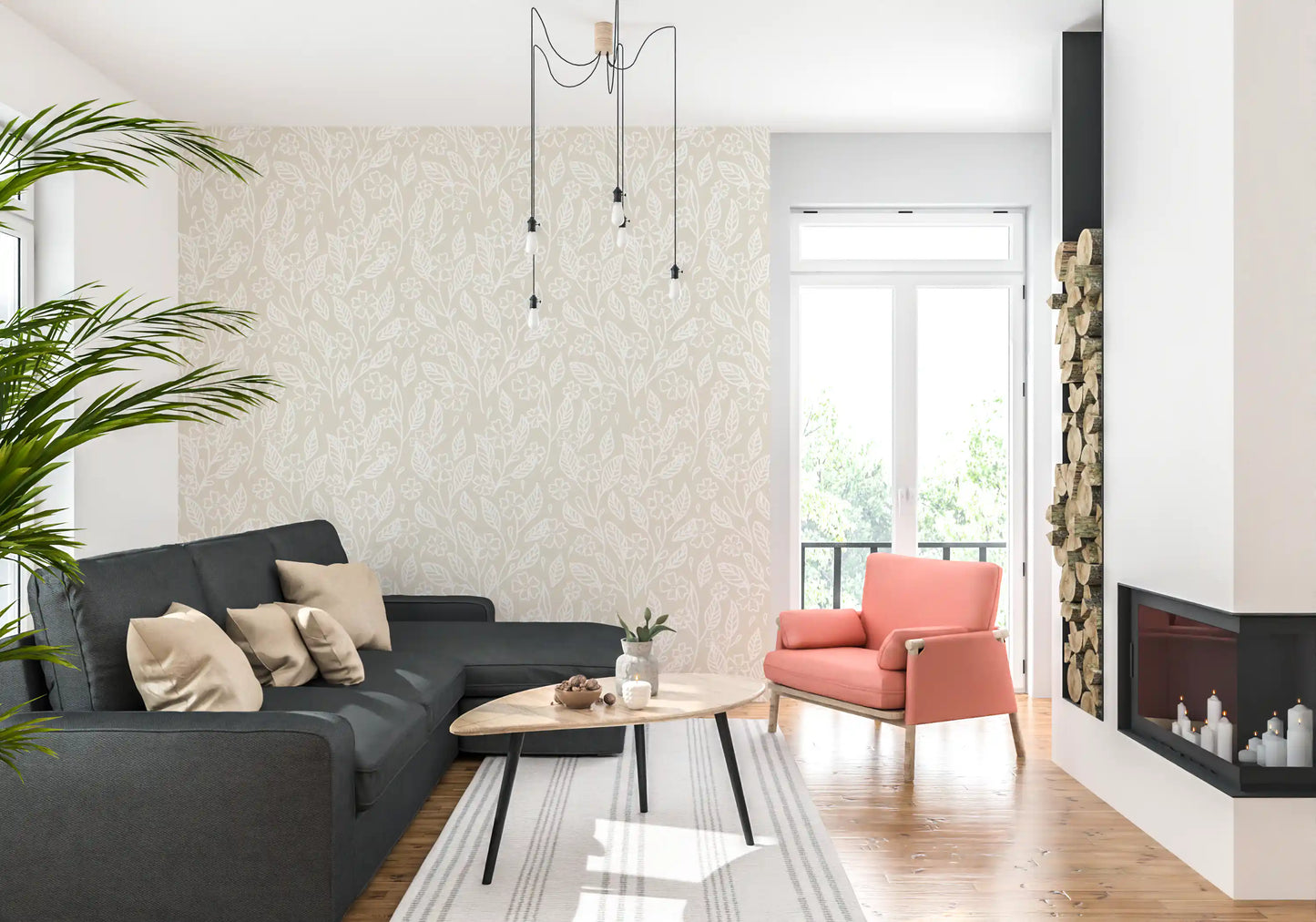 Minimalist botanical outline repeat wallpaper with flowers and leaves on beige.
