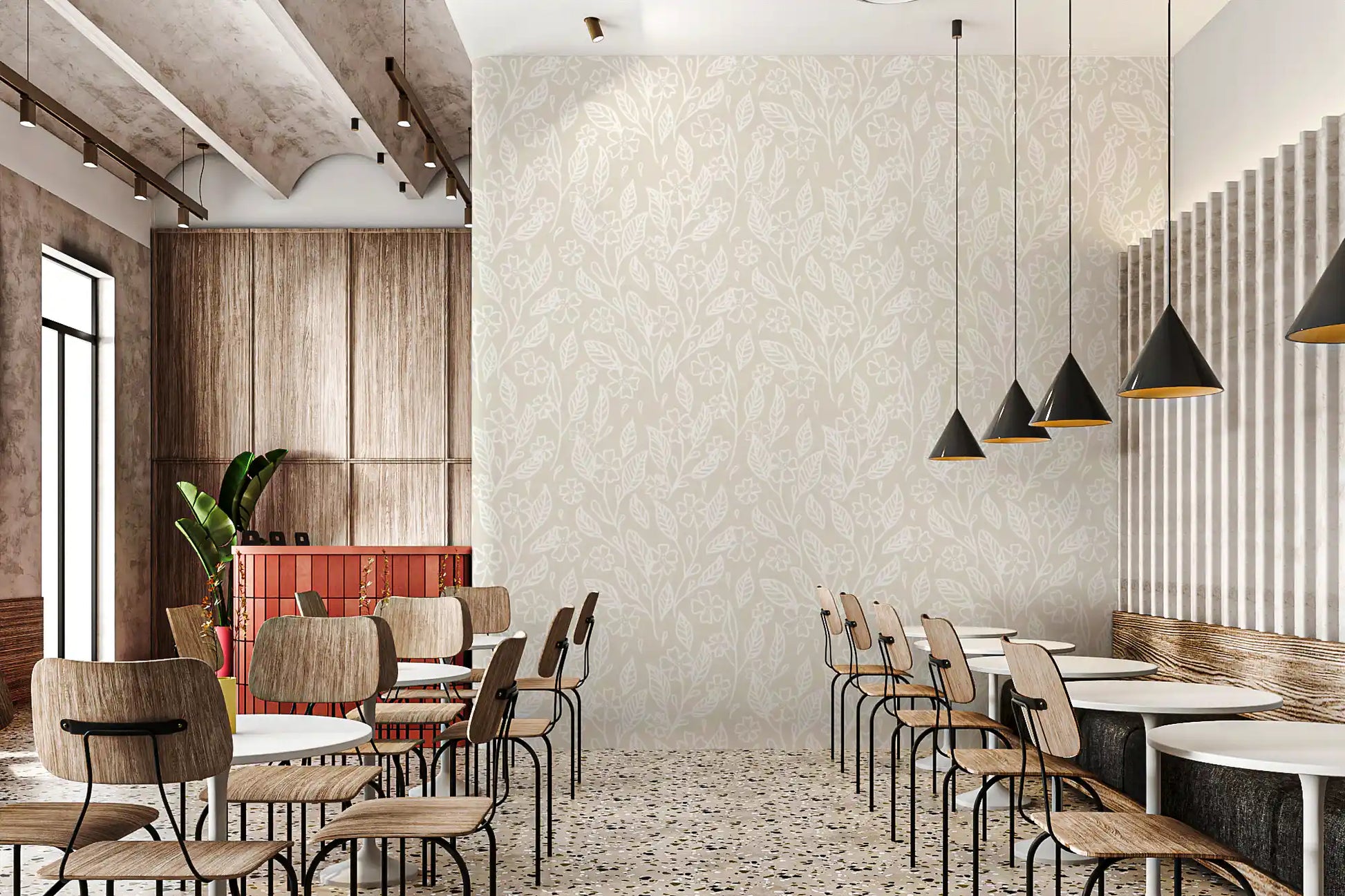 Neutral Floral Wallpaper installed on a cafe feature wall. 