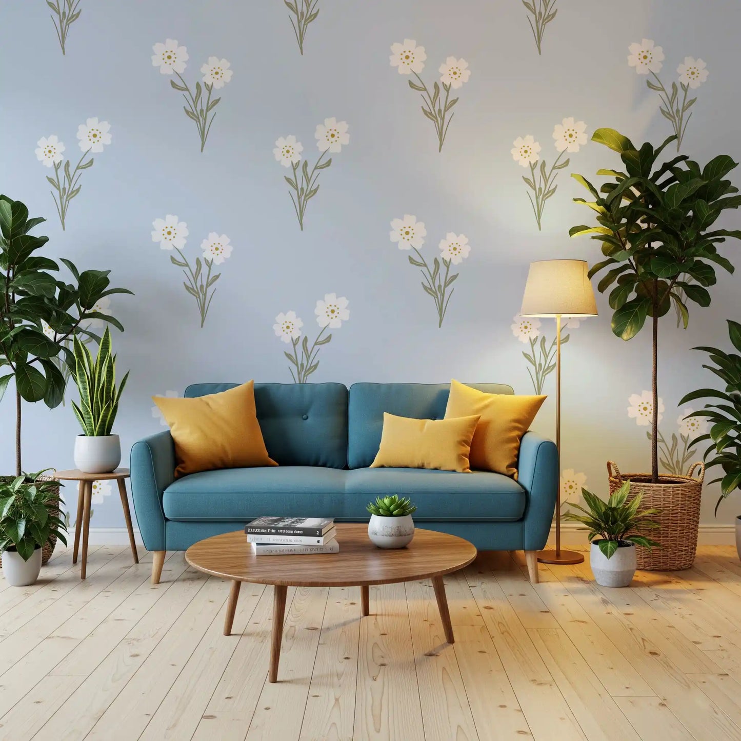 Soft pastel bloom and foliage repeat pattern wallpaper on a blue background.