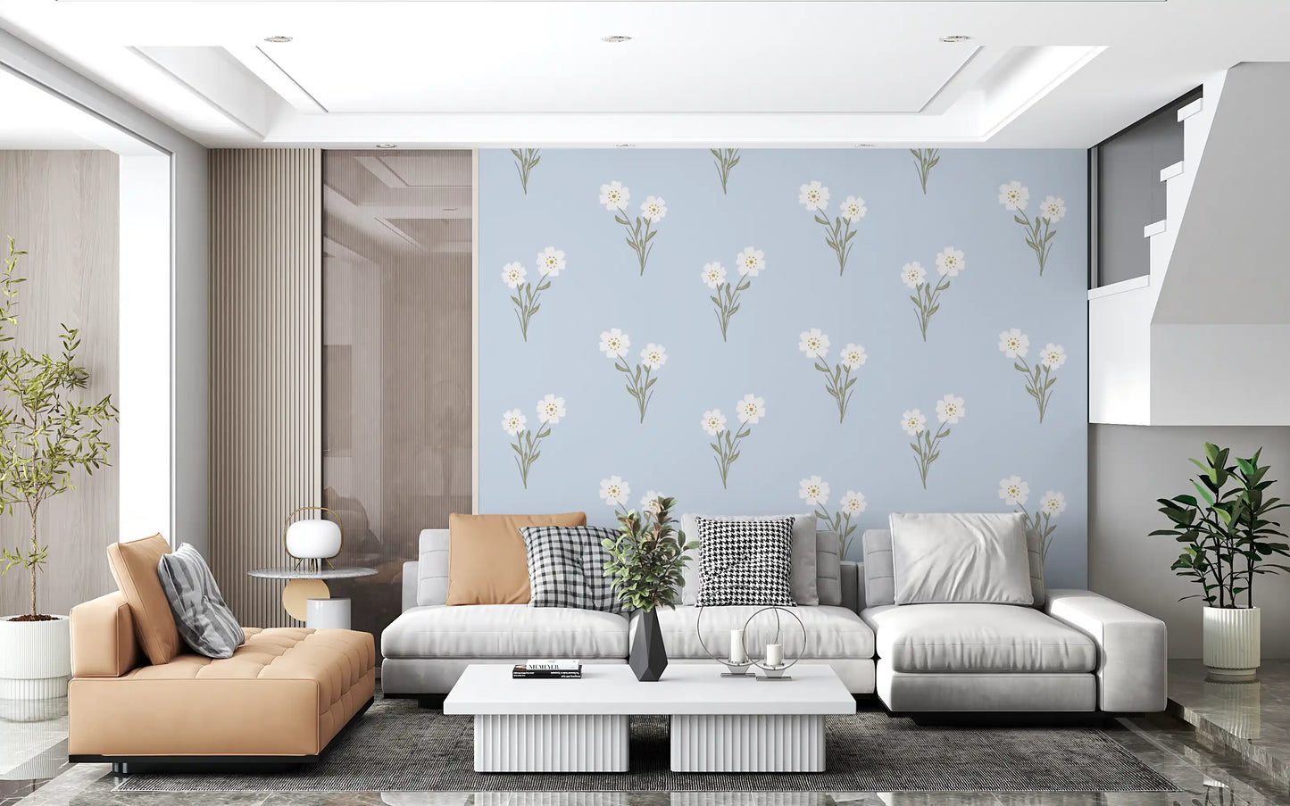 Delicate petal floral wallpaper in muted pastel tones with airy spacing between bloom clusters.