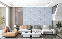 Delicate petal floral wallpaper in muted pastel tones with airy spacing between bloom clusters.