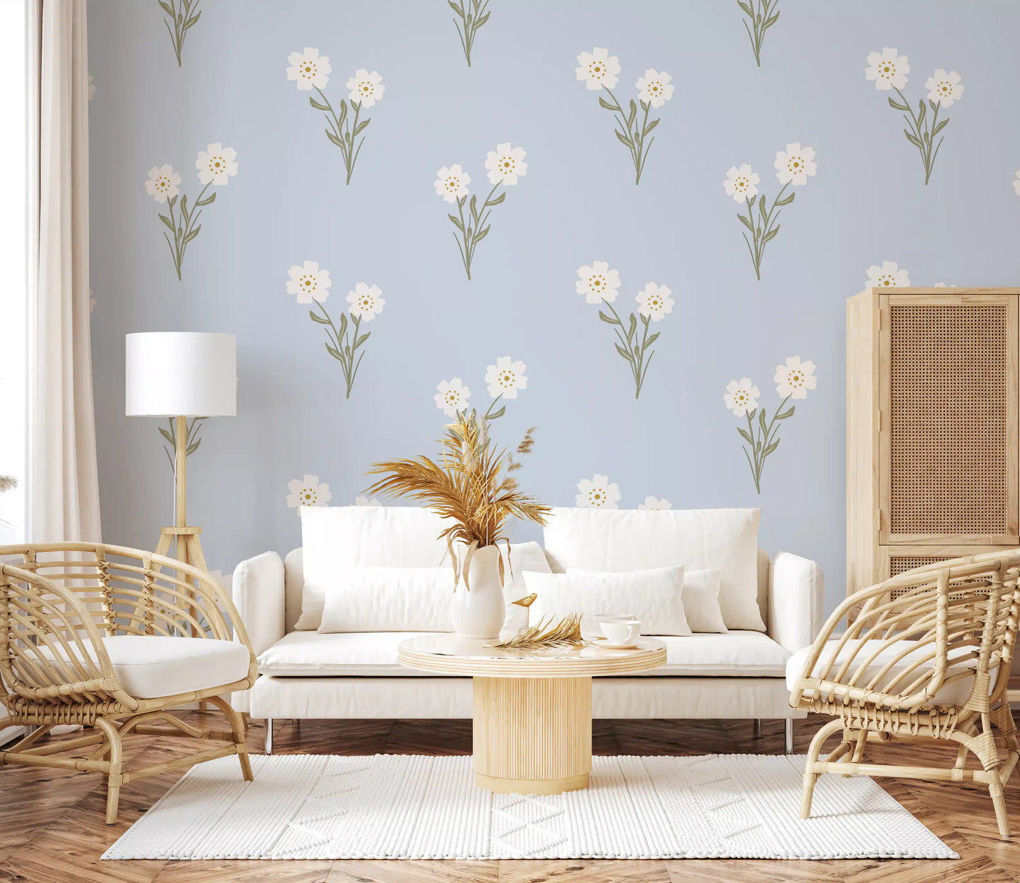 Soft bloom pastel floral wallpaper pattern for living room interior.