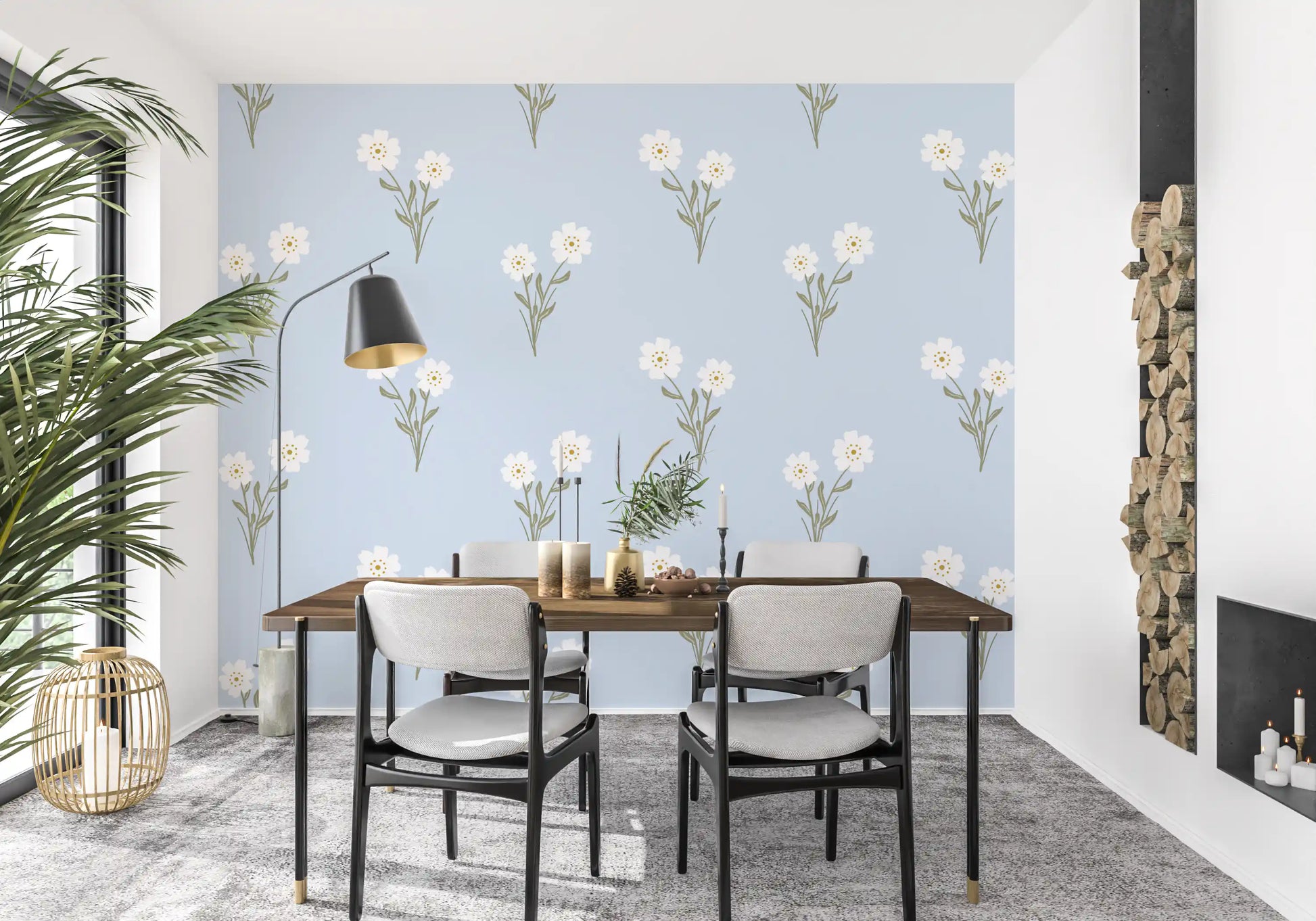 Pastel floral repeat wallpaper featuring rose blush and cream blooms on a light background.