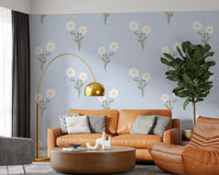 Botanical wallpaper with soft bloom clusters small scattered buds and open green leaf arrangement. 